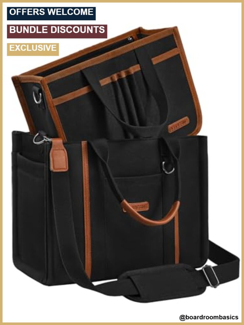 Canvas Tote Bag with Zipper and Compartments - Multi-Pocket Laptop Work